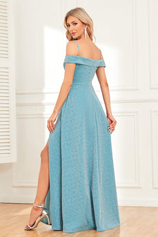 A-Line Cold Shoulder Blue formell kjole med spalte
