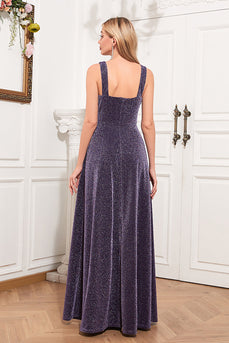 V-hals ermeløs lilla formell kjole med spalt