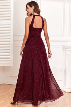 Sparkly Halter Burgundy Party Dress med åpen rygg