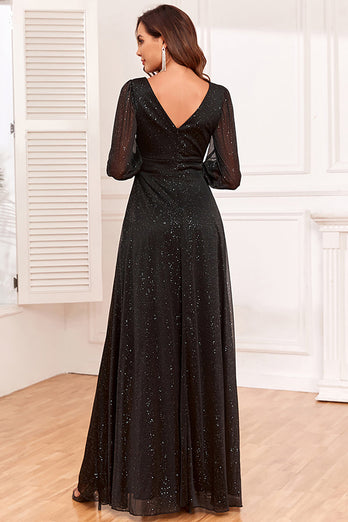 Glitter A-Line lange ermer svart mor til bruden kjole med spalte