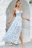 Load image into Gallery viewer, Blomstertrykt blå formell kjole med spalt
