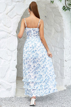 Blomstertrykt blå formell kjole med spalt