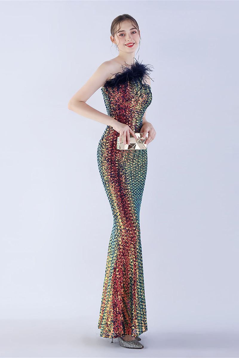 Load image into Gallery viewer, Metall en skulder havfrue paljett formell kjole med fjær