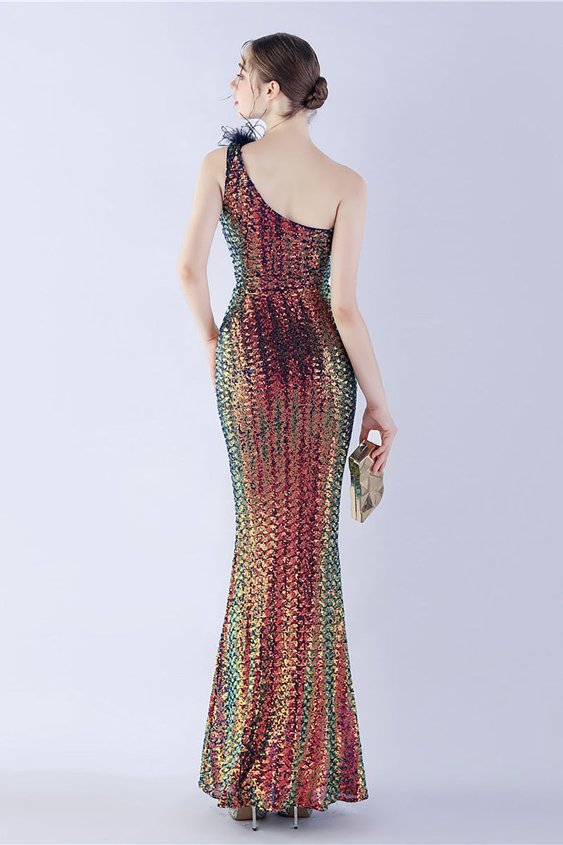 Load image into Gallery viewer, Metall en skulder havfrue paljett formell kjole med fjær