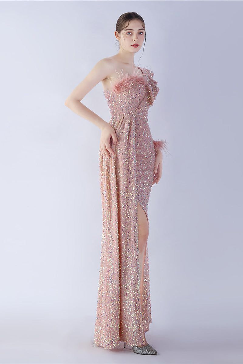 Load image into Gallery viewer, Havfrue en skulder paljett formell kjole med fjær