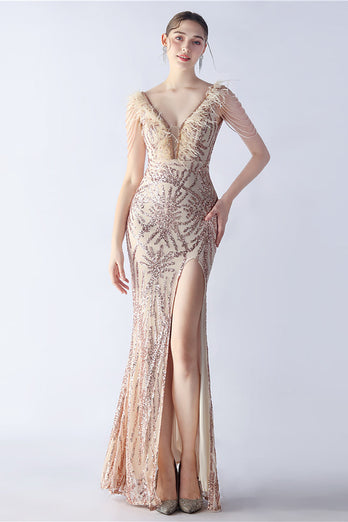 Lilac Mermaid V Neck Sequin og Beaded Struts fjær kveldskjole med spalt