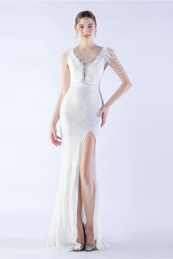 Lilac Mermaid V Neck Sequin og Beaded Struts fjær kveldskjole med spalt