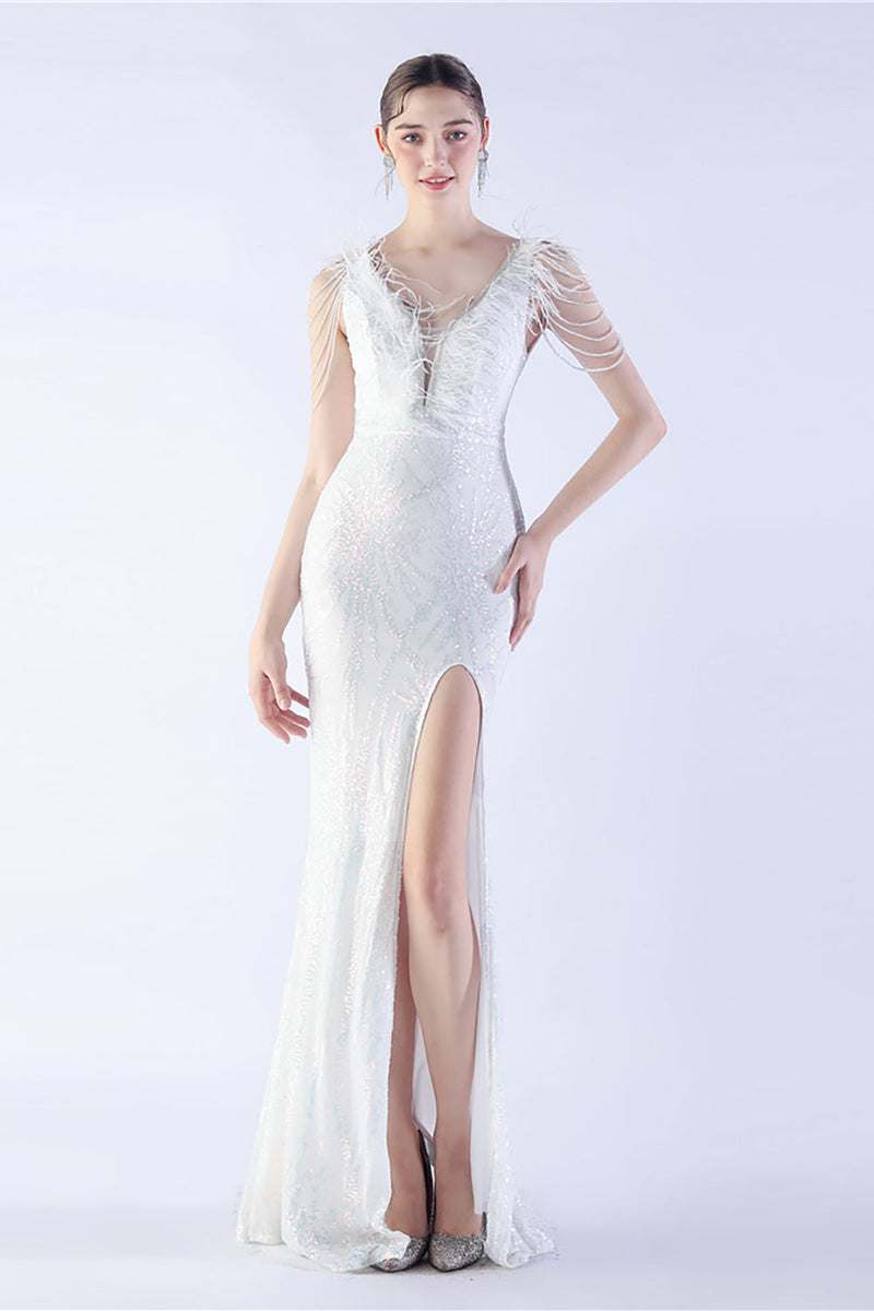 Load image into Gallery viewer, Lilac Mermaid V Neck Sequin og Beaded Struts fjær kveldskjole med spalt