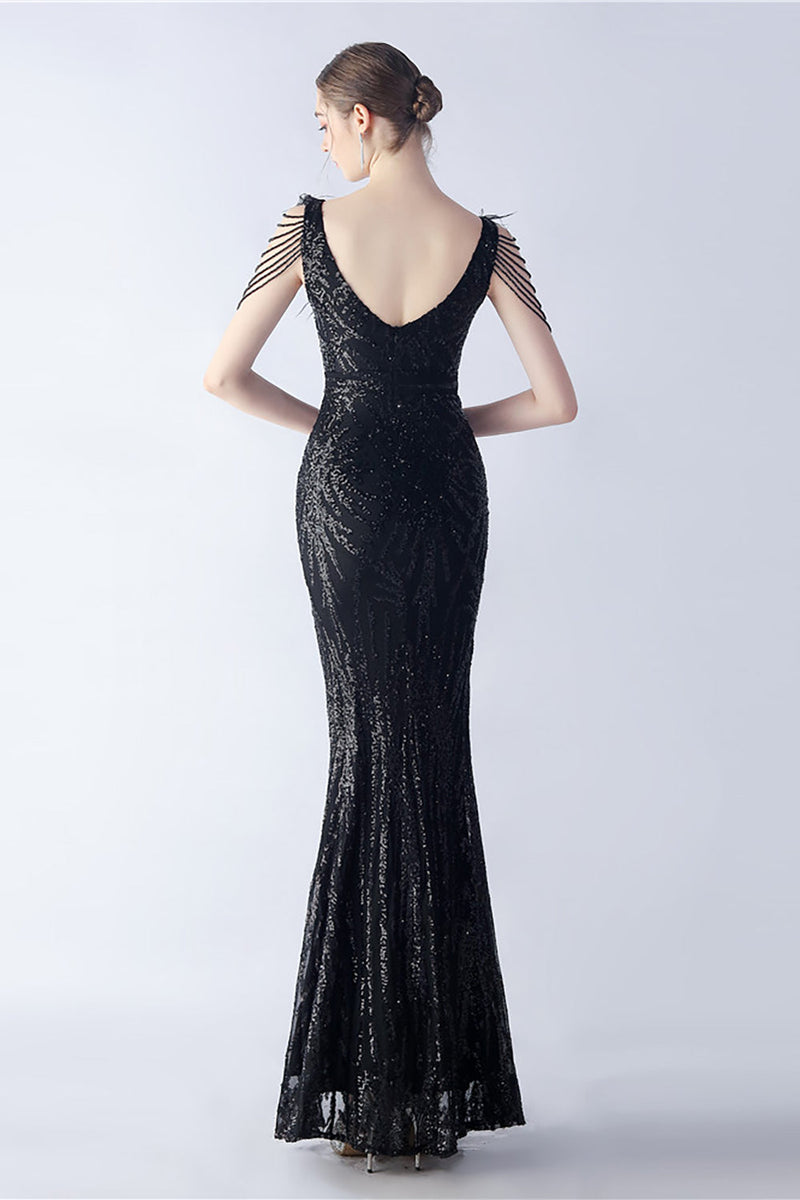 Load image into Gallery viewer, Lilac Mermaid V Neck Sequin og Beaded Struts fjær kveldskjole med spalt