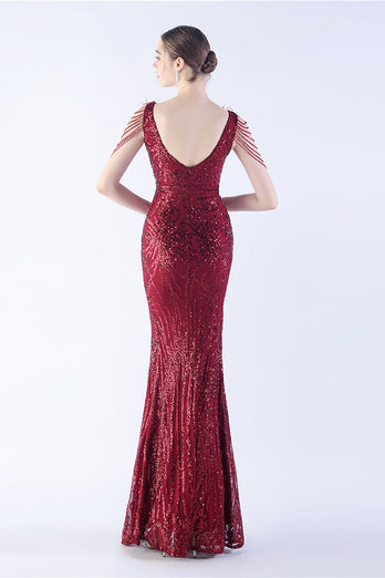 Lilac Mermaid V Neck Sequin og Beaded Struts fjær kveldskjole med spalt