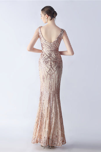 Lilac Mermaid V Neck Sequin og Beaded Struts fjær kveldskjole med spalt