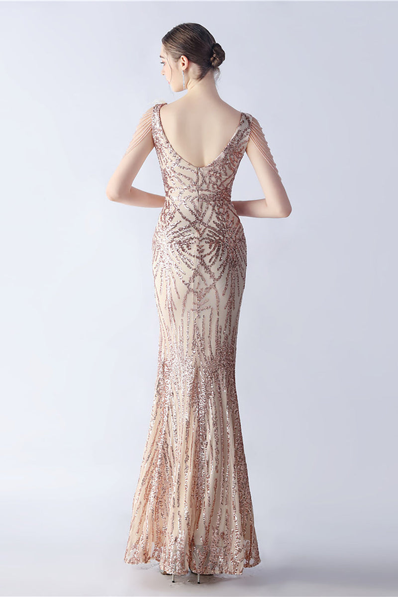 Load image into Gallery viewer, Lilac Mermaid V Neck Sequin og Beaded Struts fjær kveldskjole med spalt