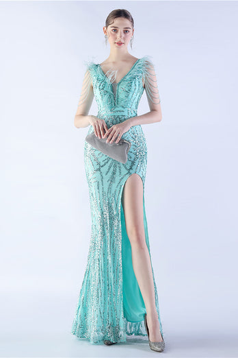 Lilac Mermaid V Neck Sequin og Beaded Struts fjær kveldskjole med spalt
