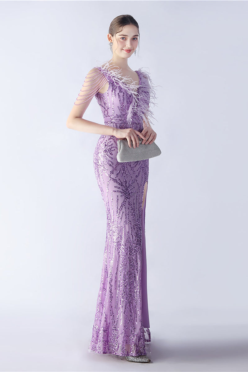 Load image into Gallery viewer, Lilac Mermaid V Neck Sequin og Beaded Struts fjær kveldskjole med spalt