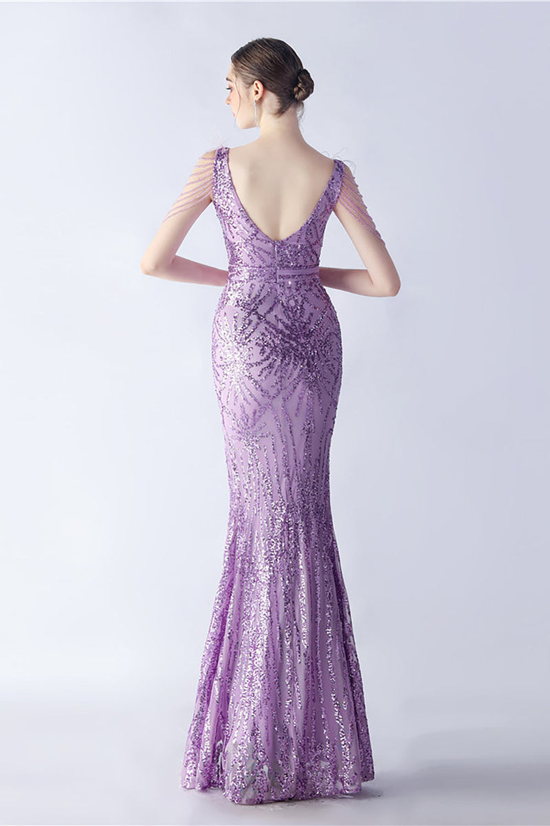 Load image into Gallery viewer, Lilac Mermaid V Neck Sequin og Beaded Struts fjær kveldskjole med spalt