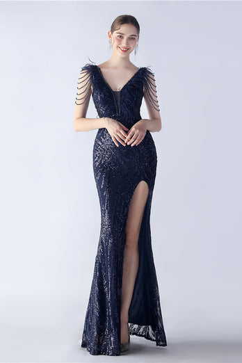 Lilac Mermaid V Neck Sequin og Beaded Struts fjær kveldskjole med spalt