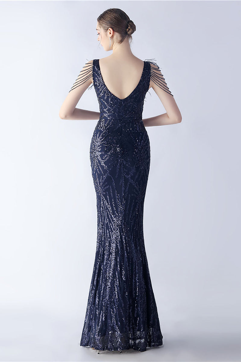 Load image into Gallery viewer, Lilac Mermaid V Neck Sequin og Beaded Struts fjær kveldskjole med spalt
