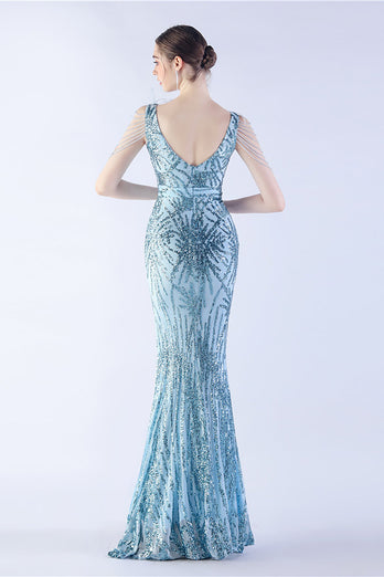 Lilac Mermaid V Neck Sequin og Beaded Struts fjær kveldskjole med spalt