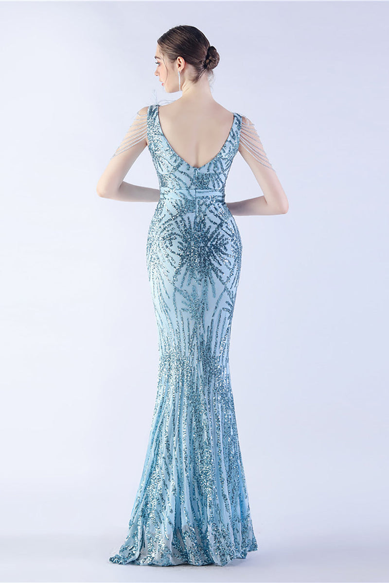 Load image into Gallery viewer, Lilac Mermaid V Neck Sequin og Beaded Struts fjær kveldskjole med spalt