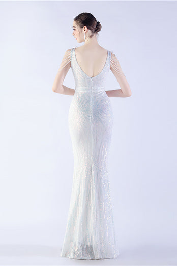 Lilac Mermaid V Neck Sequin og Beaded Struts fjær kveldskjole med spalt