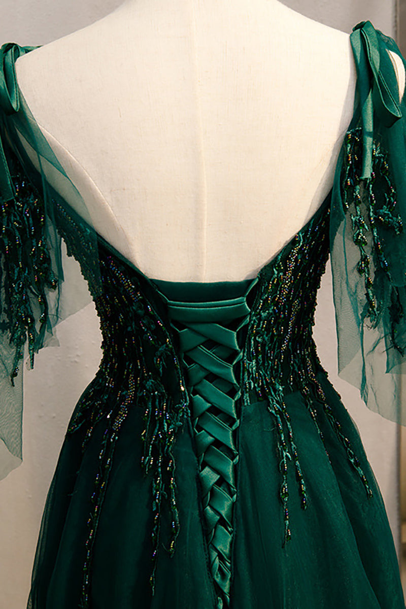 Load image into Gallery viewer, A-Line Spaghetti stropper mørkegrønn skoleball kjole med perler