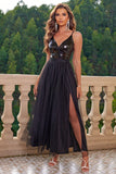 Sparkly Black Spaghetti stropper Prom kjole med Slit