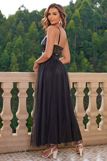 Sparkly Black Spaghetti stropper Prom kjole med Slit
