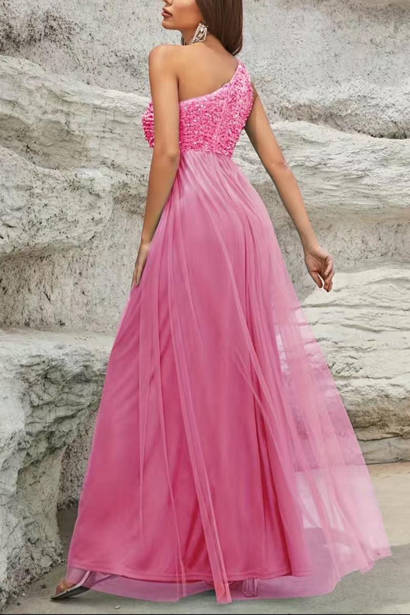 Load image into Gallery viewer, Sparkly One Shoulder Pink Prom Kjole med paljetter
