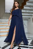 Navy One Shoulder formell kjole med spalt