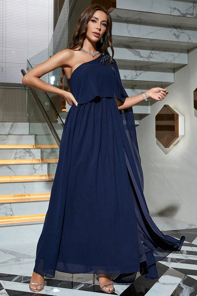 Load image into Gallery viewer, Navy One Shoulder formell kjole med spalt