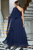 Navy One Shoulder formell kjole med spalt