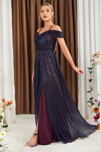 Glitter A-Line Purple Prom kjole med skulder
