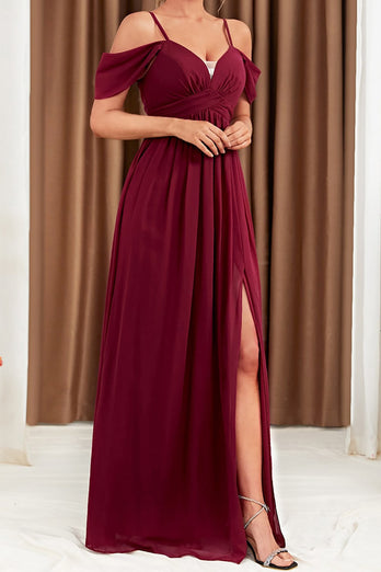 A-Line Cold Shoulder burgunder formell kjole med spalte