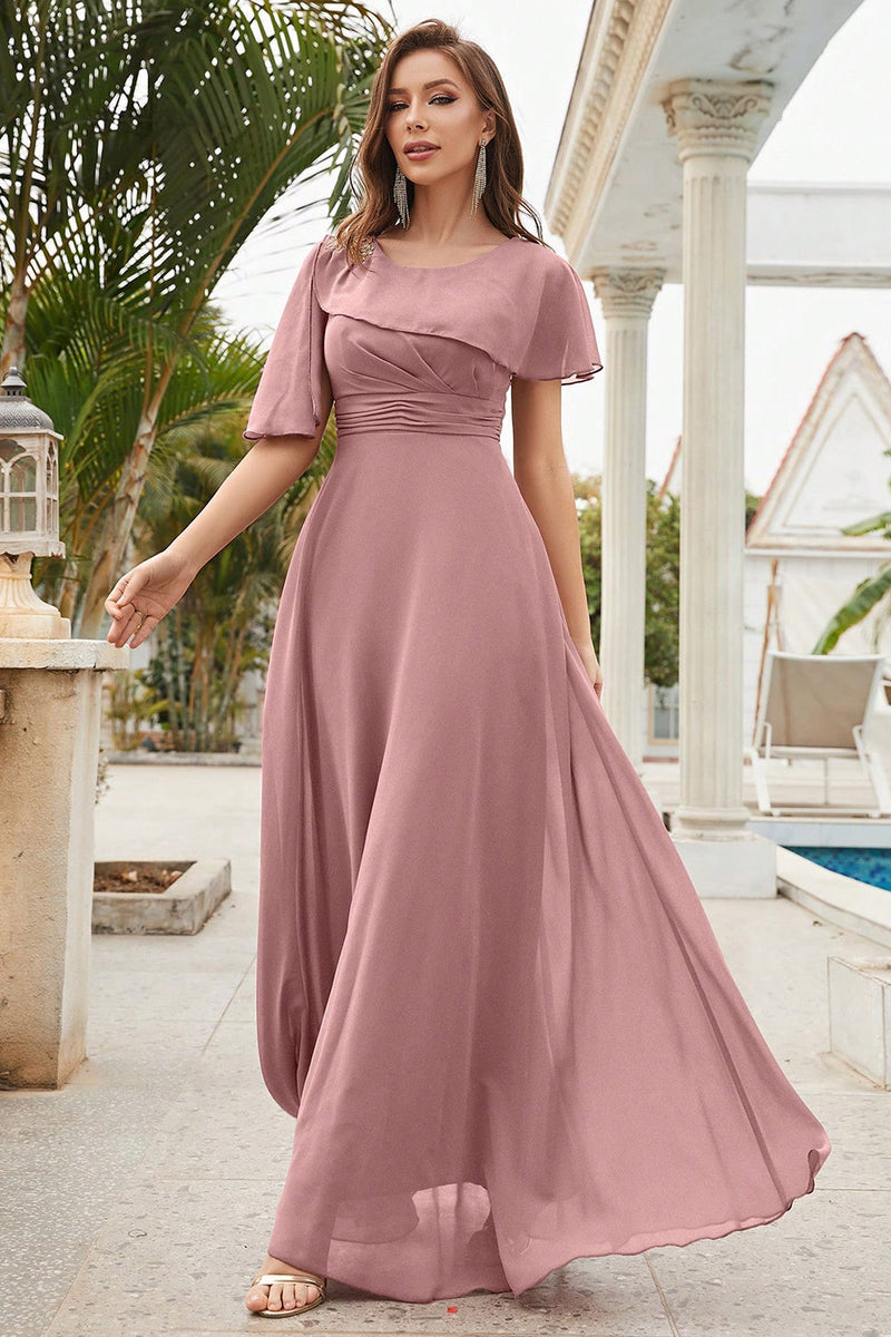 Load image into Gallery viewer, Dusty Rose A-line Round Neck Chiffon Long Prom Dress