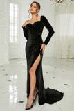 Svart havfrue Sweetheart Neck Velvet Long Prom Dress med Slit