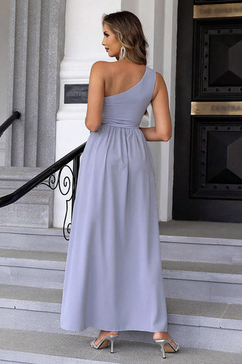 Dusty Blue A-Line One Shoulder Prom Dress med Slit