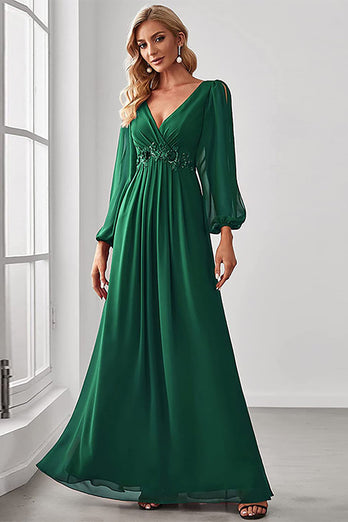 Mørkegrønn A-Line V Neck Chiffon Long Prom Dress