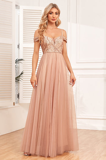 Champagne A-Line Tylle Long Prom kjole med paljetter