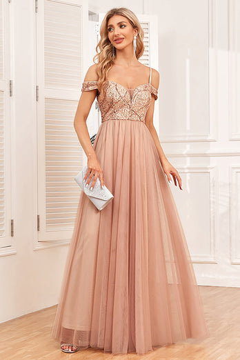 Champagne A-Line Tylle Long Prom kjole med paljetter