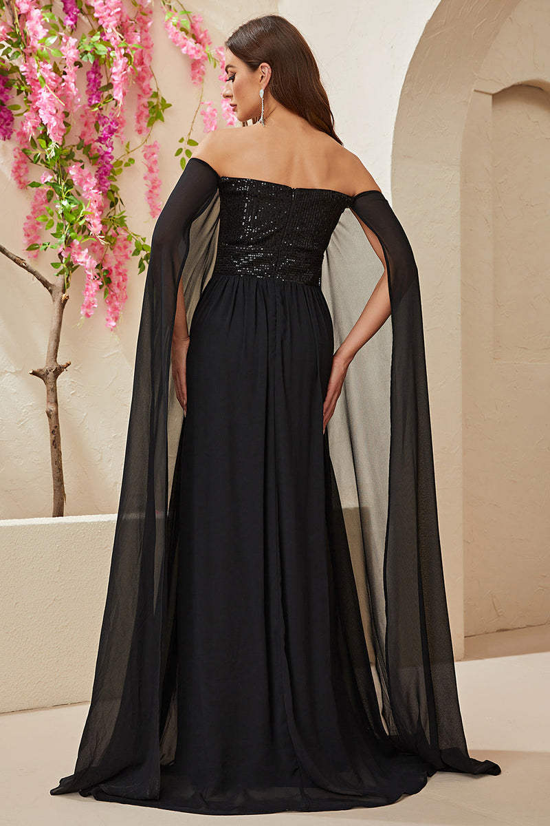 Load image into Gallery viewer, Svart A-linje av skulderen Chiffon Long Prom Dress