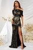 Load image into Gallery viewer, Svart gull havfrue en skulder paljetter Prom kjole med spalt