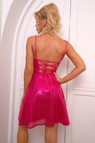 Sparkly A-Line Spaghetti stropper Hot Pink Cocktail Dress