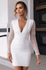 Load image into Gallery viewer, Glitrende hvit V-hals åpen rygg bodycon kjole med lange ermer