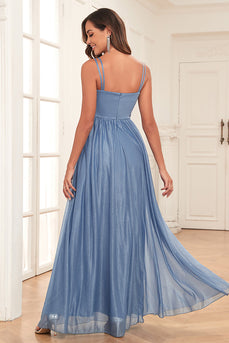 Blå A-Line Spaghetti stropper Long Prom Dress