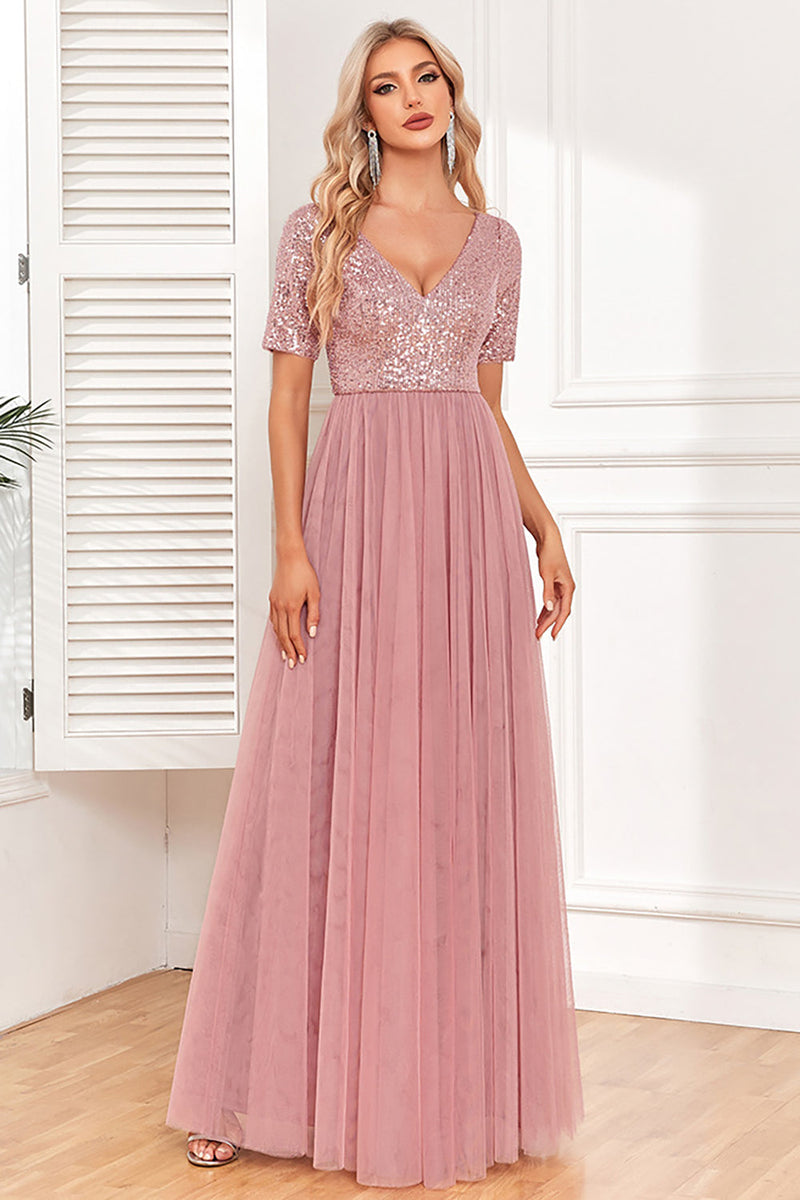 Load image into Gallery viewer, Dusty Rose A-Line V Neck Tylle Prom kjole med korte ermer