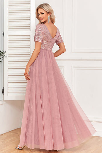 Dusty Rose A-Line V Neck Tylle Prom kjole med korte ermer