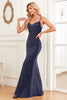 Load image into Gallery viewer, Navy Mermaid Spaghetti stropper Long Prom Dress