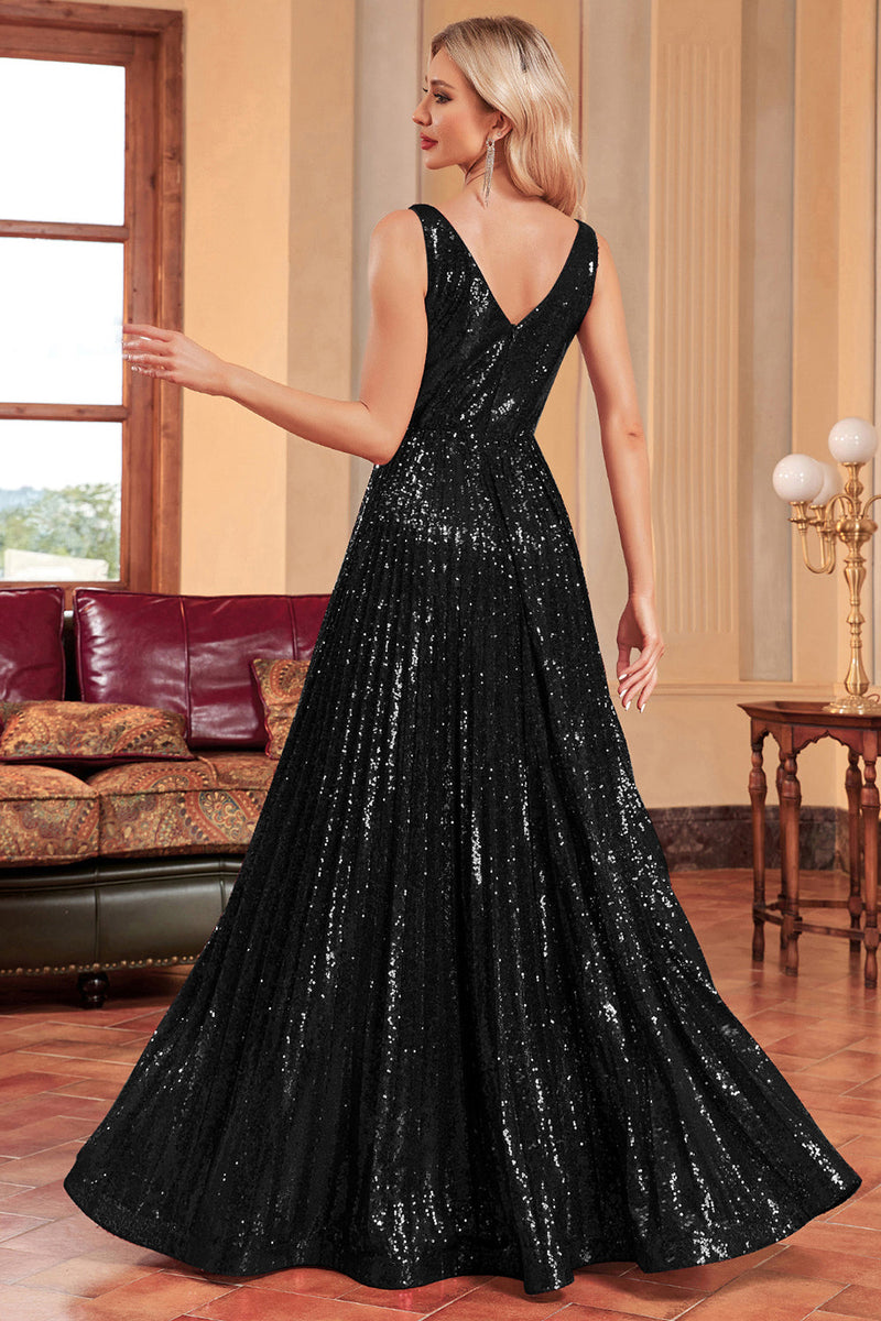 Load image into Gallery viewer, Sparkly A-Line Black Prom kjole med paljetter