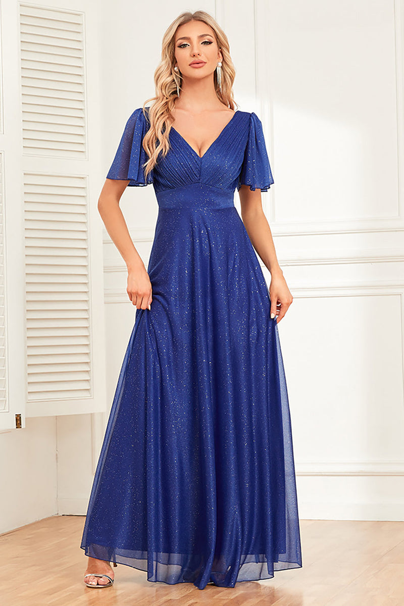 Load image into Gallery viewer, Sparkly Royal Blue A-Line V-Neck Long Prom Dress med Ruffles