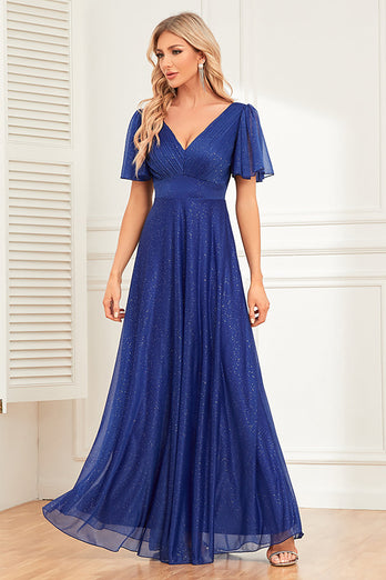 Sparkly Royal Blue A-Line V-Neck Long Prom Dress med Ruffles